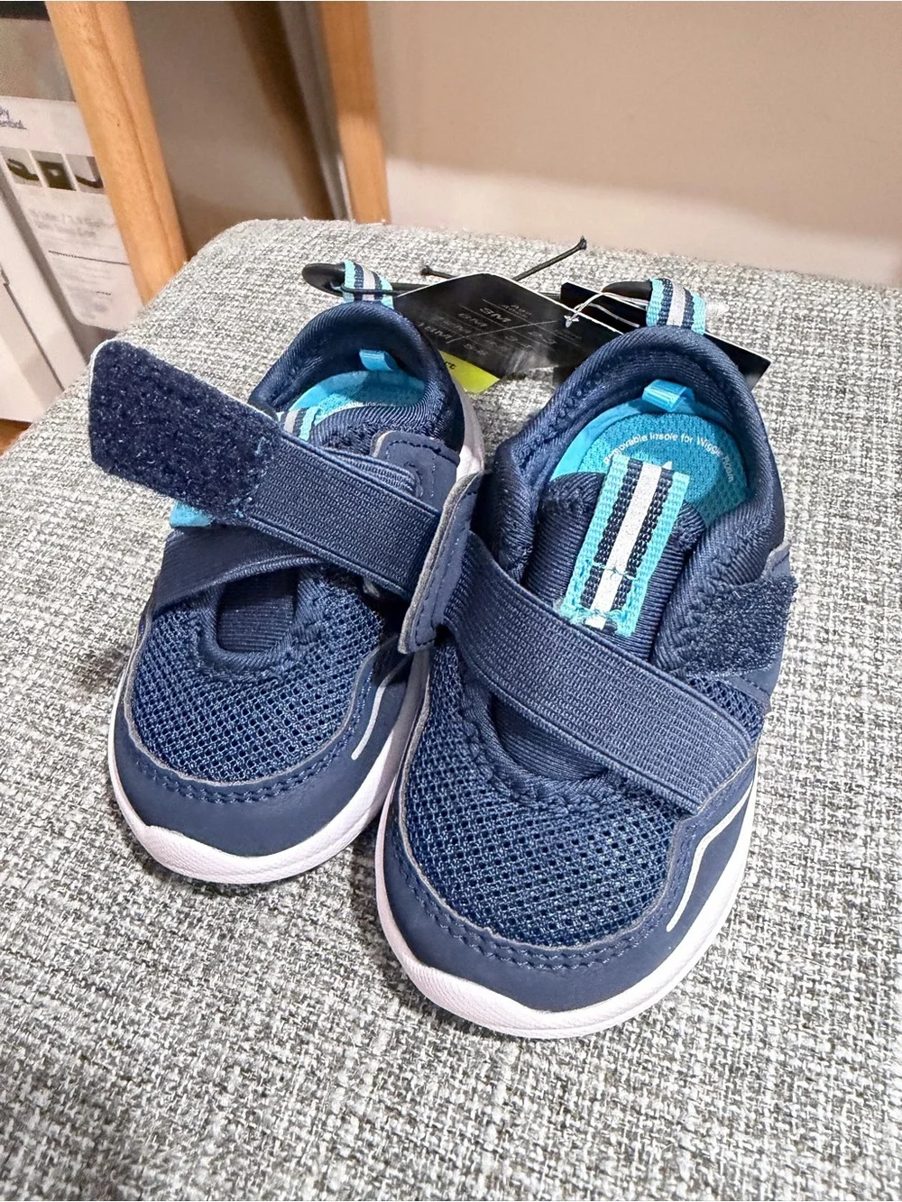 Athletic Infant Navy Blue Velcro Shoes with Light Blue Accent